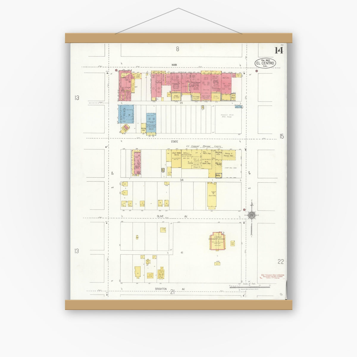 Old map wall art mockup — magnetic wood frame on white wall — Sanborn Fire Insurance Map from El Centro, Imperial County, California (1922), Sheet #0014