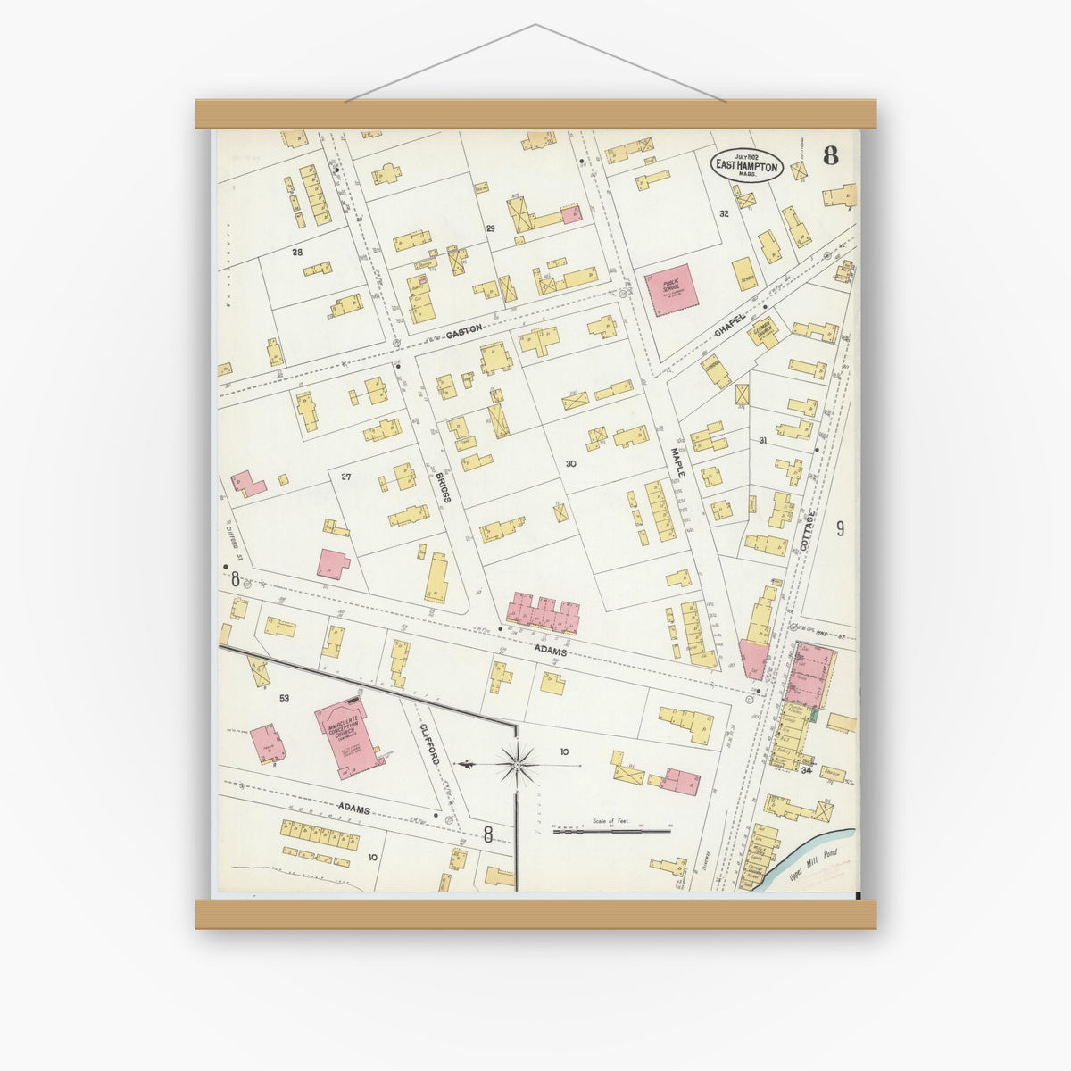 Old map wall art mockup — magnetic wood frame on white wall — Sanborn Fire Insurance Map from East Hampton, Hampshire County, Massachusetts (1902), Sheet #0008
