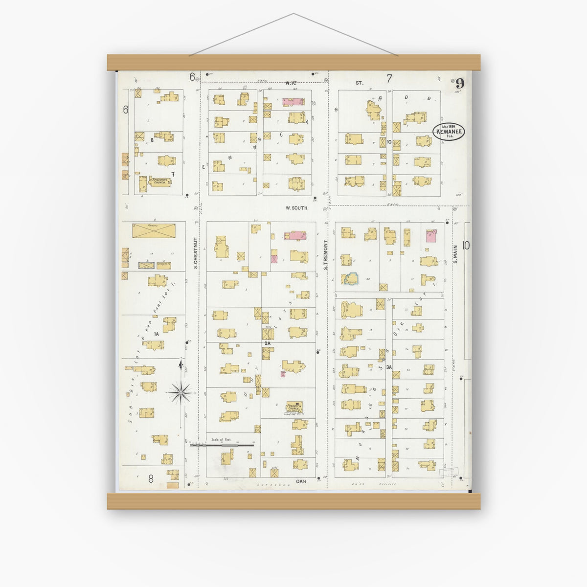 Old map wall art mockup — magnetic wood frame on white wall — Sanborn Fire Insurance Map from Kewanee, Henry County, Illinois (1899), Sheet #0009