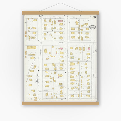Old map wall art mockup — magnetic wood frame on white wall — Sanborn Fire Insurance Map from Kewanee, Henry County, Illinois (1899), Sheet #0009