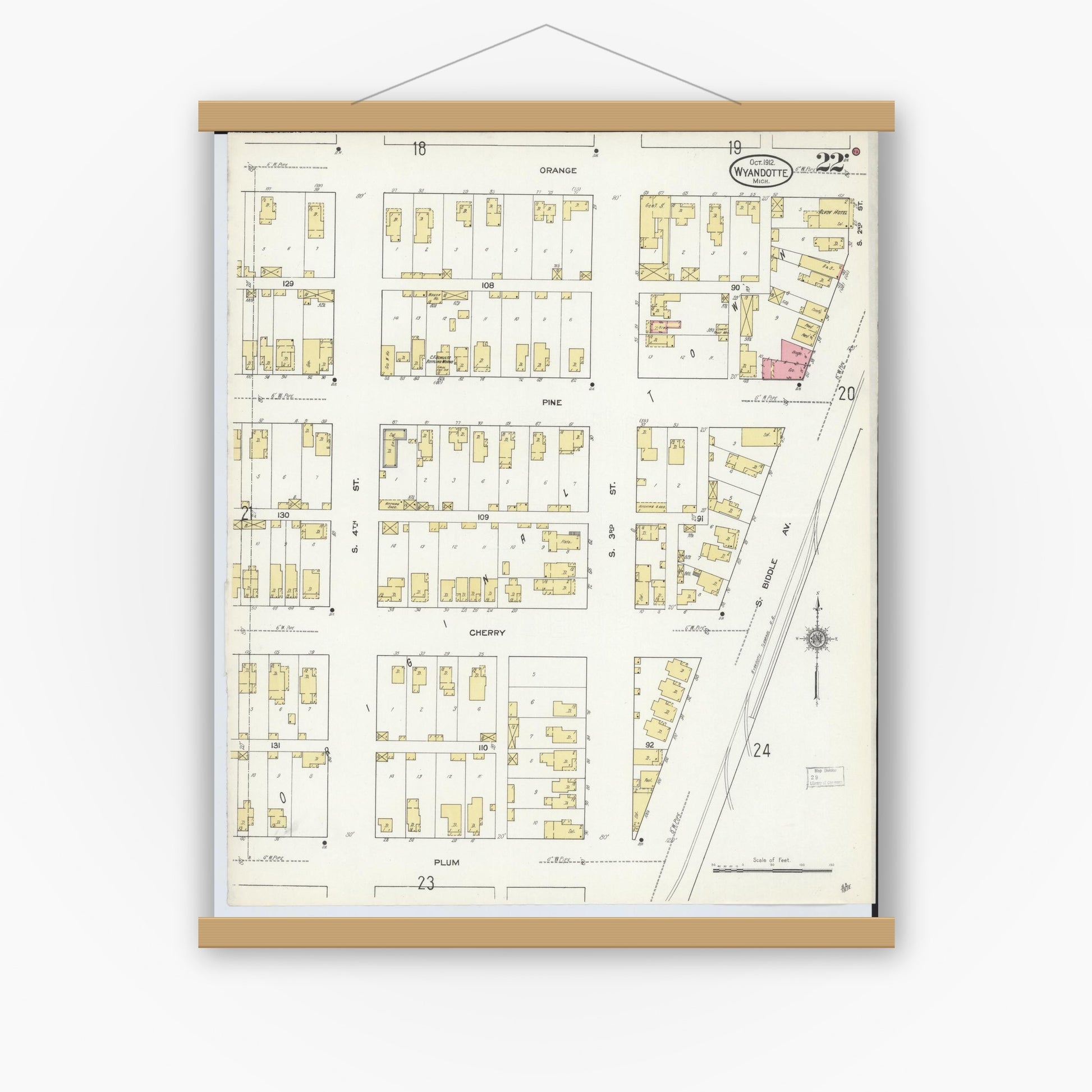 Old map wall art mockup — magnetic wood frame on white wall — Sanborn Fire Insurance Map from Wyandotte, Wayne County, Michigan (1912), Sheet #0022