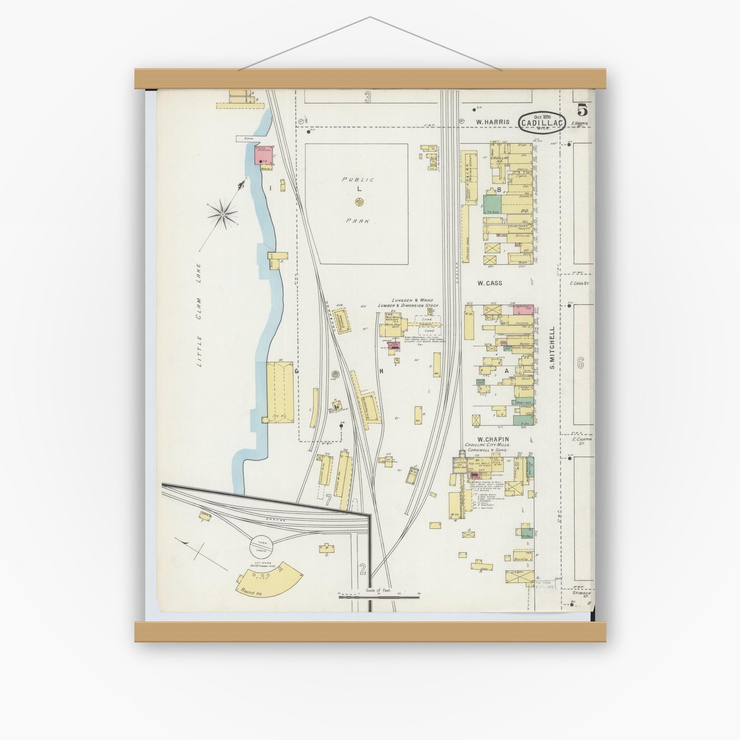 Old map wall art mockup — magnetic wood frame on white wall — Sanborn Fire Insurance Map from Cadillac, Wexford County, Michigan (1895), Sheet #0005