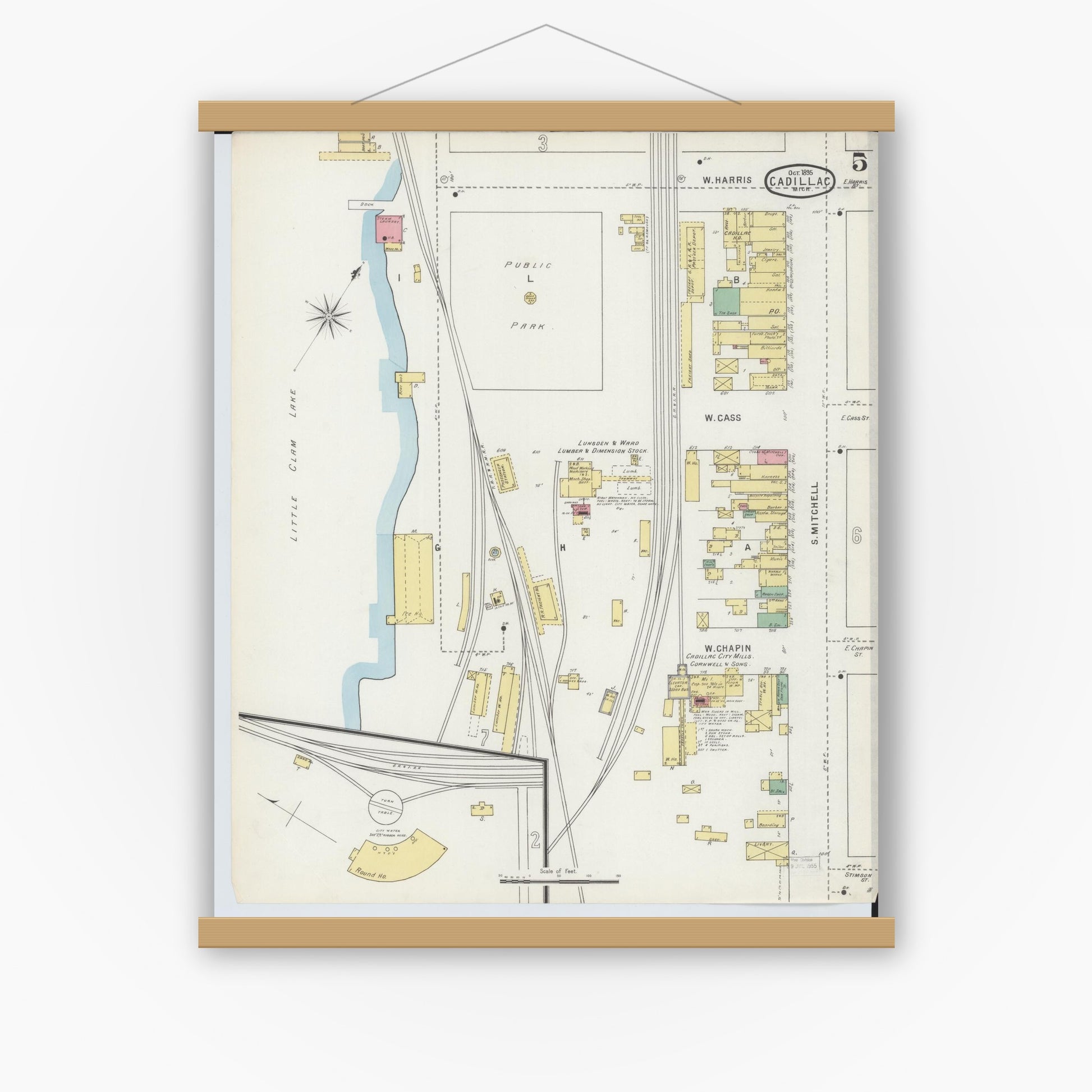 Old map wall art mockup — magnetic wood frame on white wall — Sanborn Fire Insurance Map from Cadillac, Wexford County, Michigan (1895), Sheet #0005