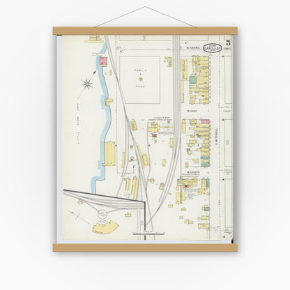 Old map wall art mockup — magnetic wood frame on white wall — Sanborn Fire Insurance Map from Cadillac, Wexford County, Michigan (1895), Sheet #0005