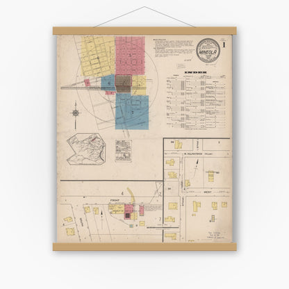 Old map wall art mockup — magnetic wood frame on white wall — Sanborn Fire Insurance Map from Mineola, Wood County, Texas (1922) - Complete Map Set