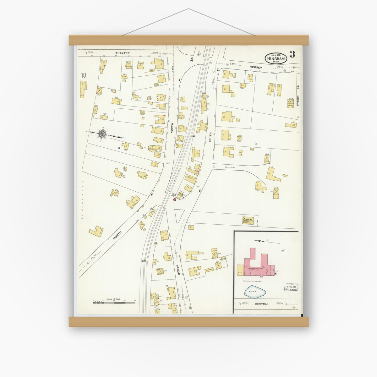 Old map wall art mockup — magnetic wood frame on white wall — Sanborn Fire Insurance Map from Hingham, Plymouth County, Massachusetts (1911), Sheet #0003
