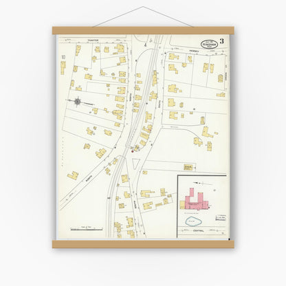 Old map wall art mockup — magnetic wood frame on white wall — Sanborn Fire Insurance Map from Hingham, Plymouth County, Massachusetts (1911), Sheet #0003