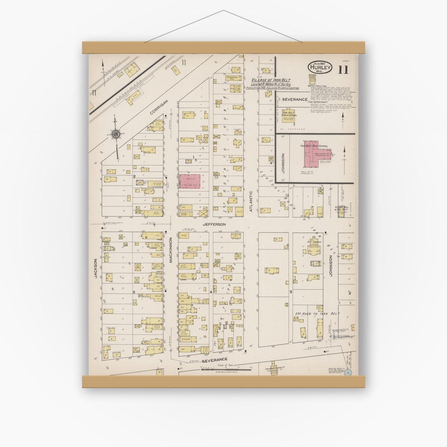 Old map wall art mockup — magnetic wood frame on white wall — Sanborn Fire Insurance Map from Hurley, Iron County, Wisconsin (1922), Sheet #0011