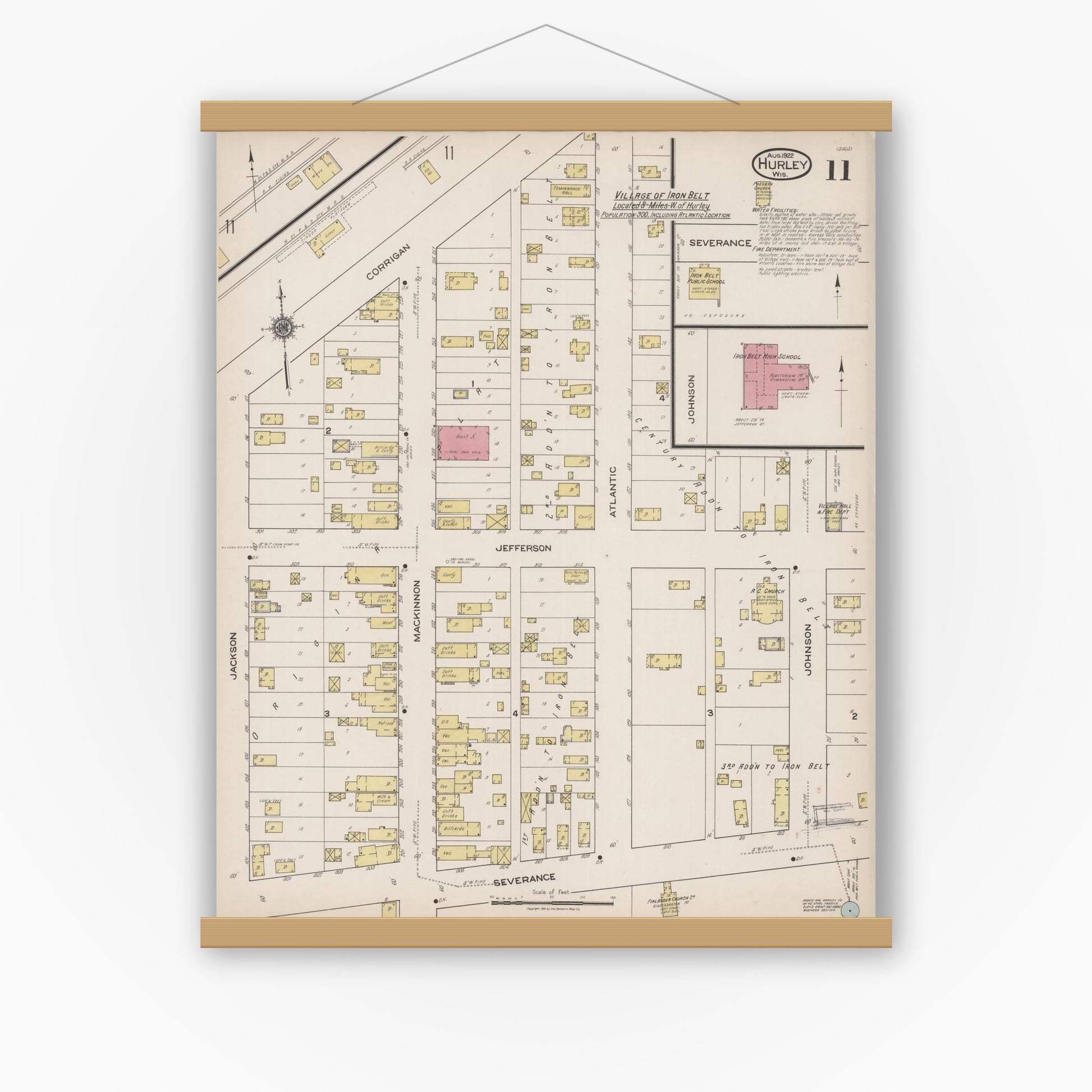 Old map wall art mockup — magnetic wood frame on white wall — Sanborn Fire Insurance Map from Hurley, Iron County, Wisconsin (1922), Sheet #0011