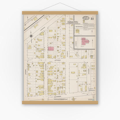 Old map wall art mockup — magnetic wood frame on white wall — Sanborn Fire Insurance Map from Hurley, Iron County, Wisconsin (1922), Sheet #0011