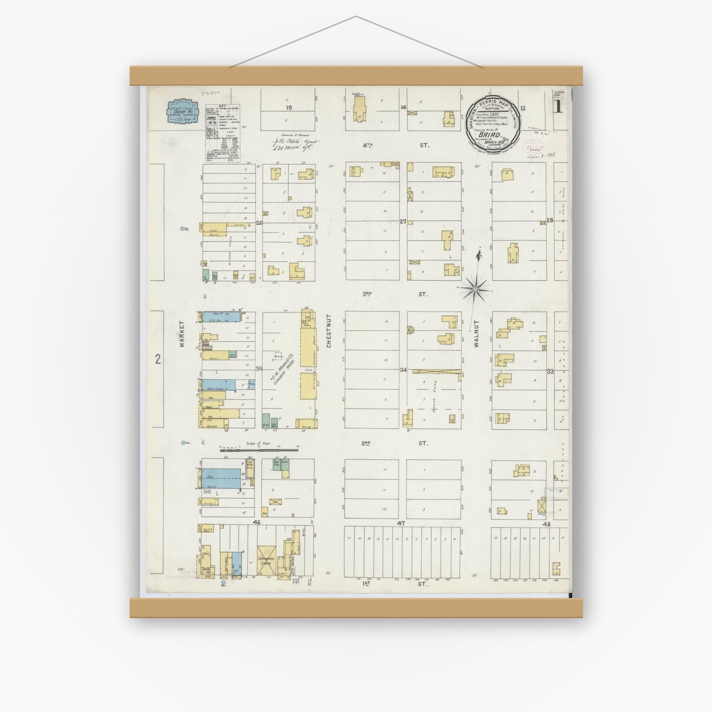Old map wall art mockup — magnetic wood frame on white wall — Sanborn Fire Insurance Map from Baird, Callahan County, Texas (1896) - Complete Map Set
