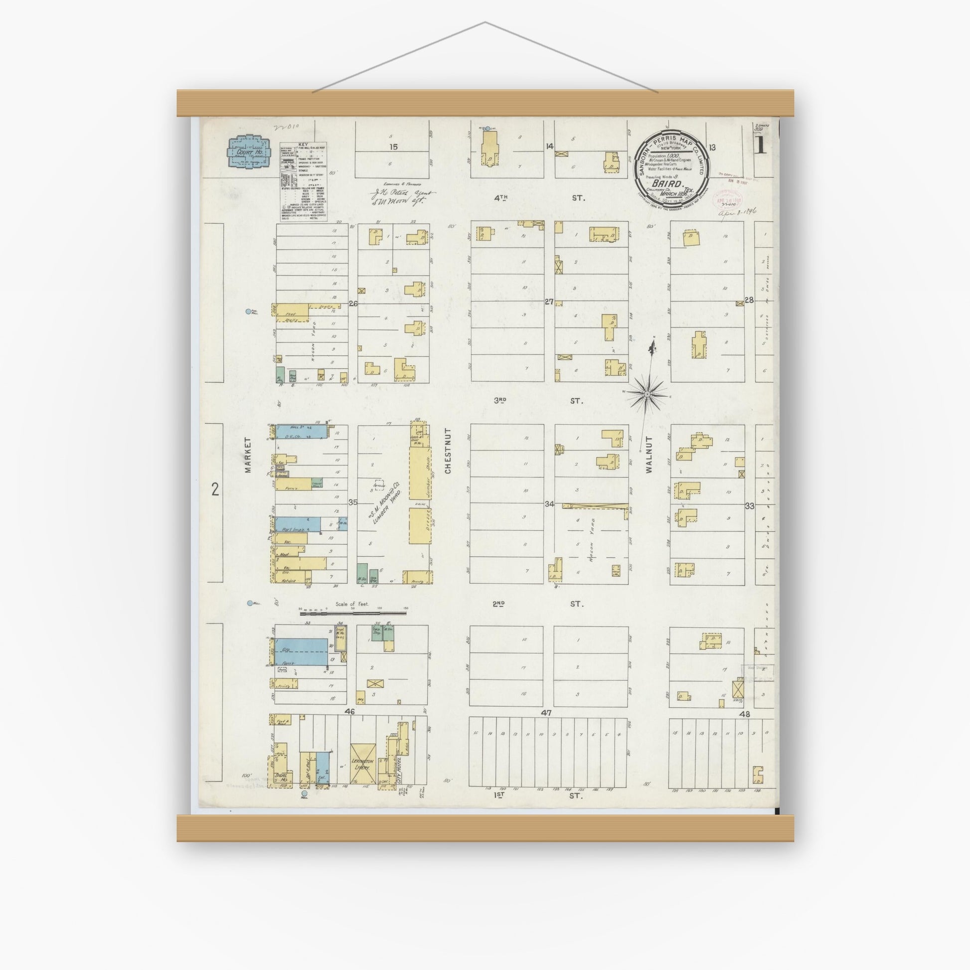 Old map wall art mockup — magnetic wood frame on white wall — Sanborn Fire Insurance Map from Baird, Callahan County, Texas (1896) - Complete Map Set