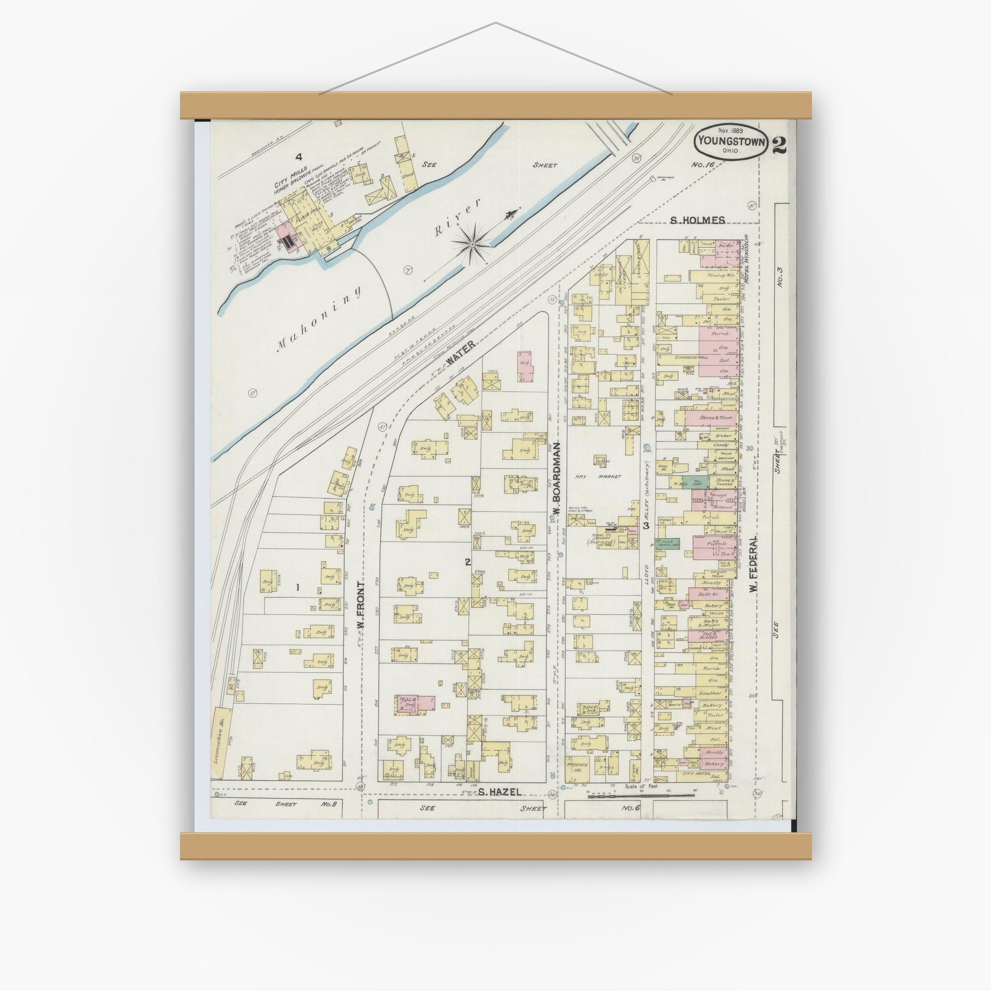 Old map wall art mockup — magnetic wood frame on white wall — Sanborn Fire Insurance Map from Youngstown, Mahoning County, Ohio (1889), Sheet #0002