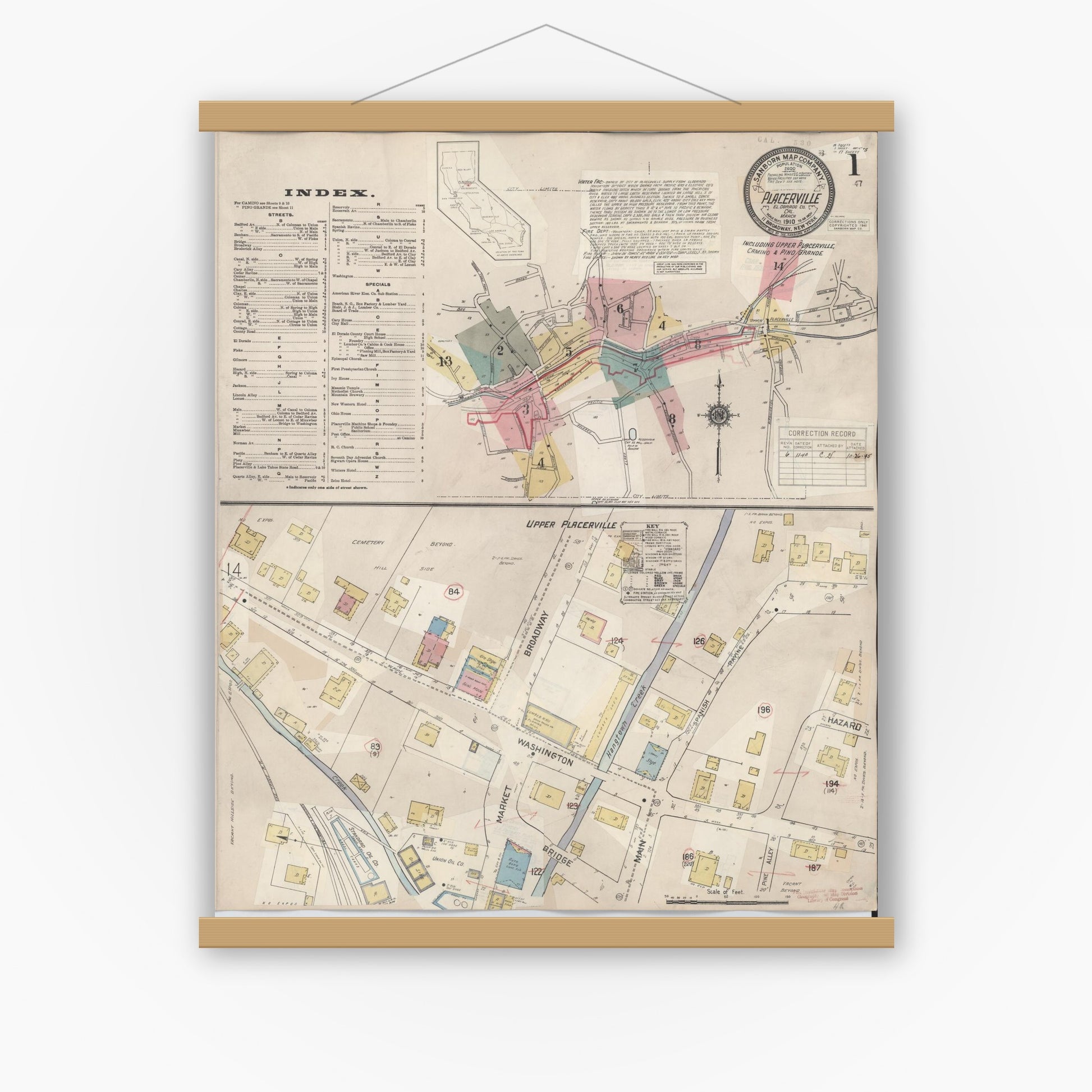 Old map wall art mockup — magnetic wood frame on white wall — Sanborn Fire Insurance Map from Placerville, El Dorado County, California (1940) - Complete Map Set
