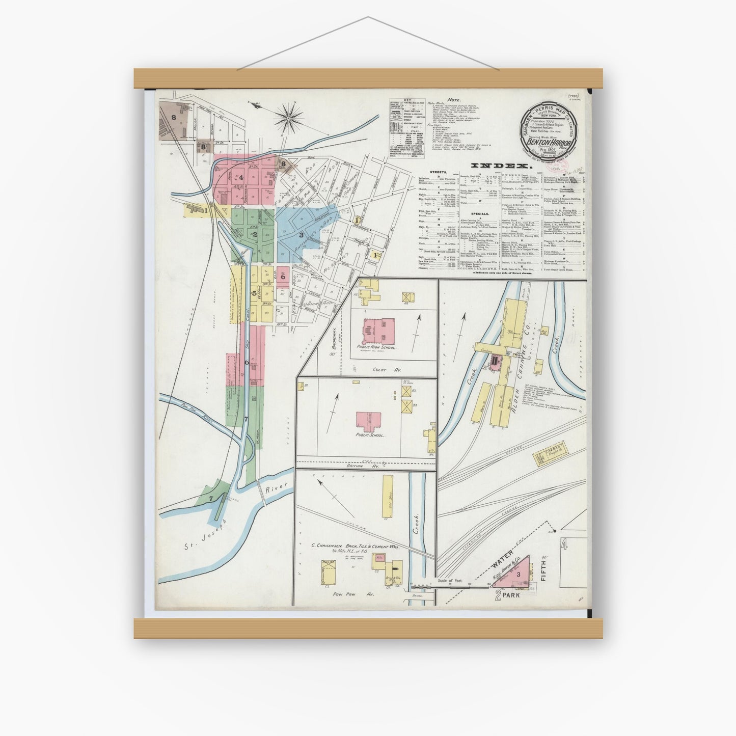 Old map wall art mockup — magnetic wood frame on white wall — Sanborn Fire Insurance Map from Benton Harbor, Berrien County, Michigan (1895), Sheet #0001