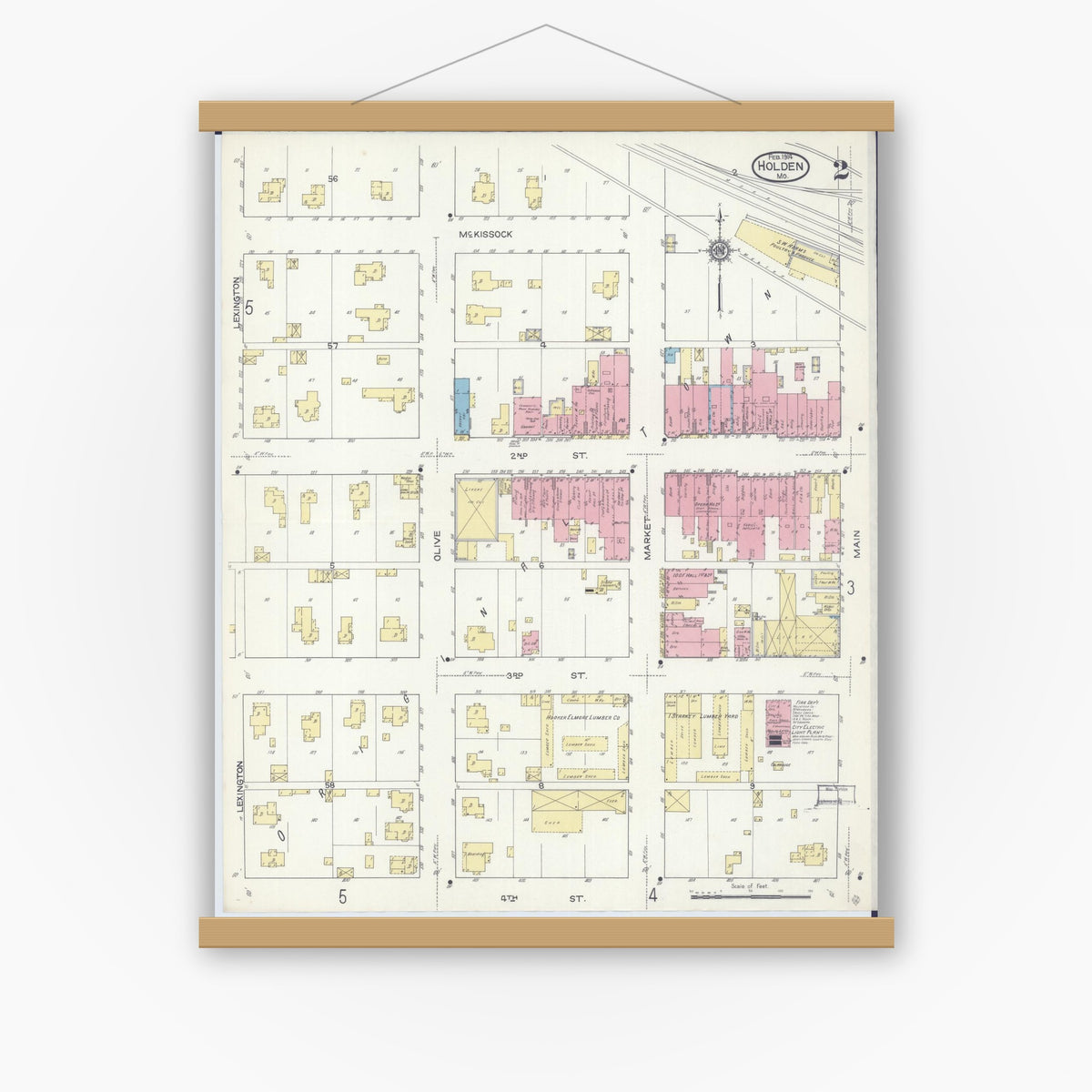 Old map wall art mockup — magnetic wood frame on white wall — Sanborn Fire Insurance Map from Holden, Johnson County, Missouri (1914), Sheet #0002