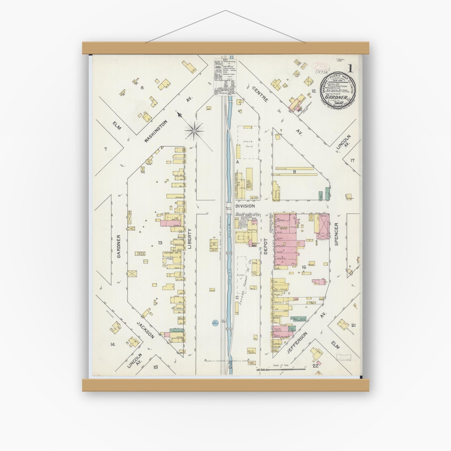 Old map wall art mockup — magnetic wood frame on white wall — Sanborn Fire Insurance Map from Gardner, Grundy County, Illinois (1892), Sheet #0001