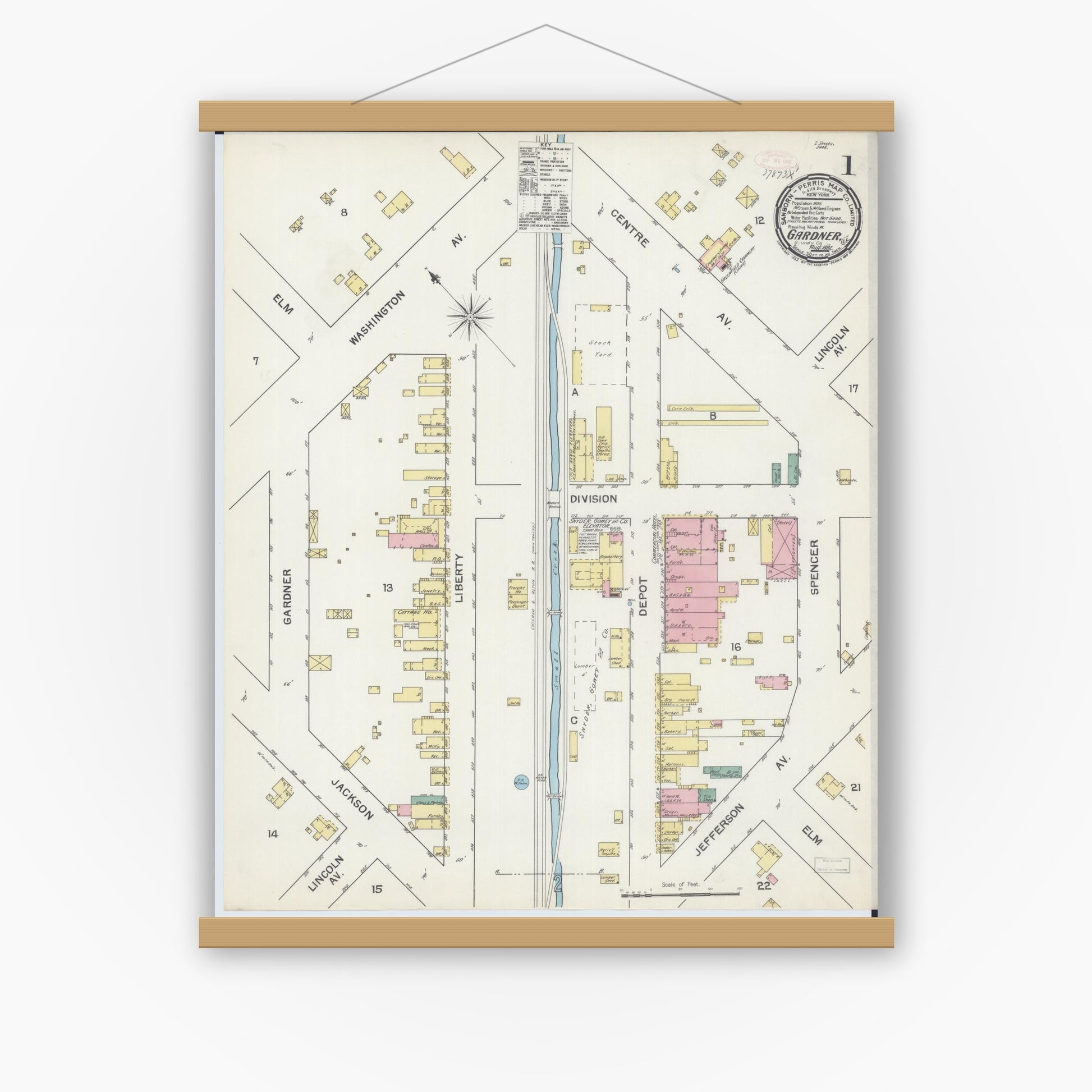 Old map wall art mockup — magnetic wood frame on white wall — Sanborn Fire Insurance Map from Gardner, Grundy County, Illinois (1892), Sheet #0001