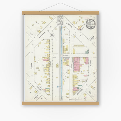Old map wall art mockup — magnetic wood frame on white wall — Sanborn Fire Insurance Map from Gardner, Grundy County, Illinois (1892), Sheet #0001