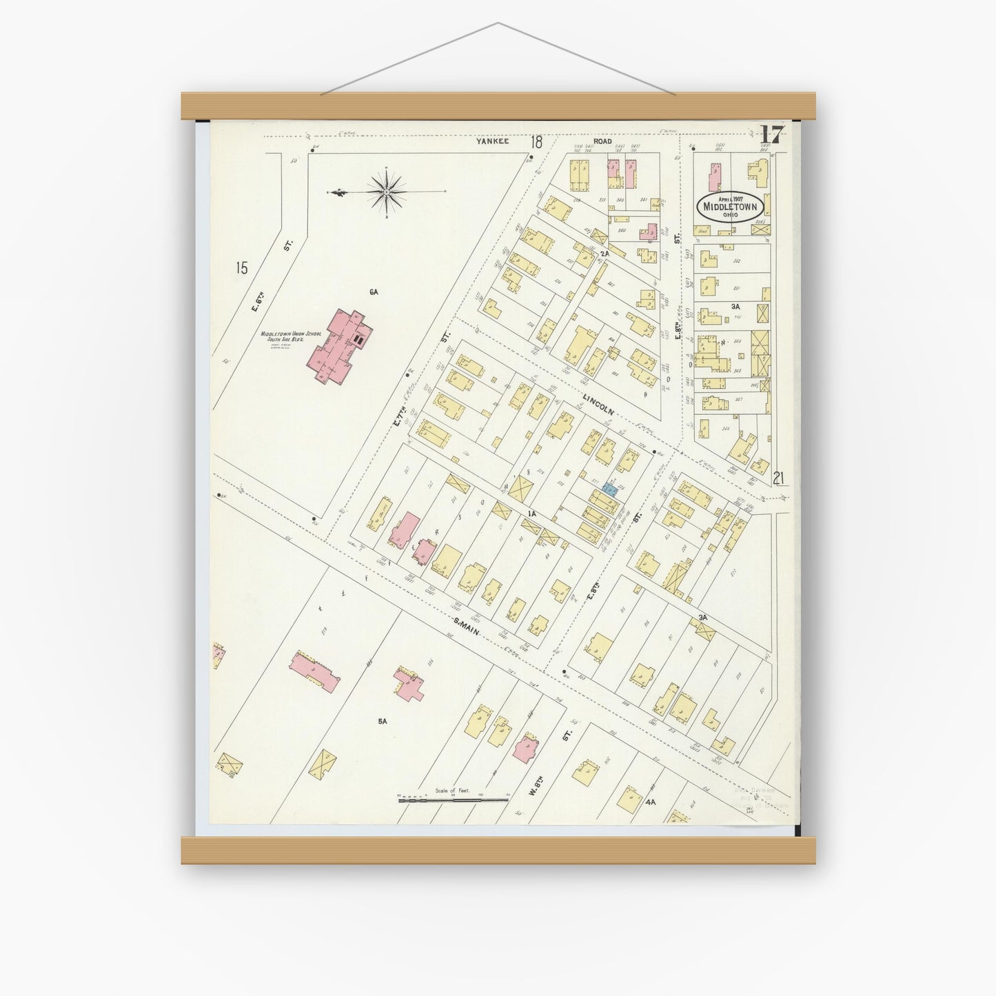 Old map wall art mockup — magnetic wood frame on white wall — Sanborn Fire Insurance Map from Middletown, Butler County, Ohio (1907), Sheet #0017