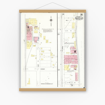 Old map wall art mockup — magnetic wood frame on white wall — Sanborn Fire Insurance Map from Marshalltown, Marshall County, Iowa (1910), Sheet #0031
