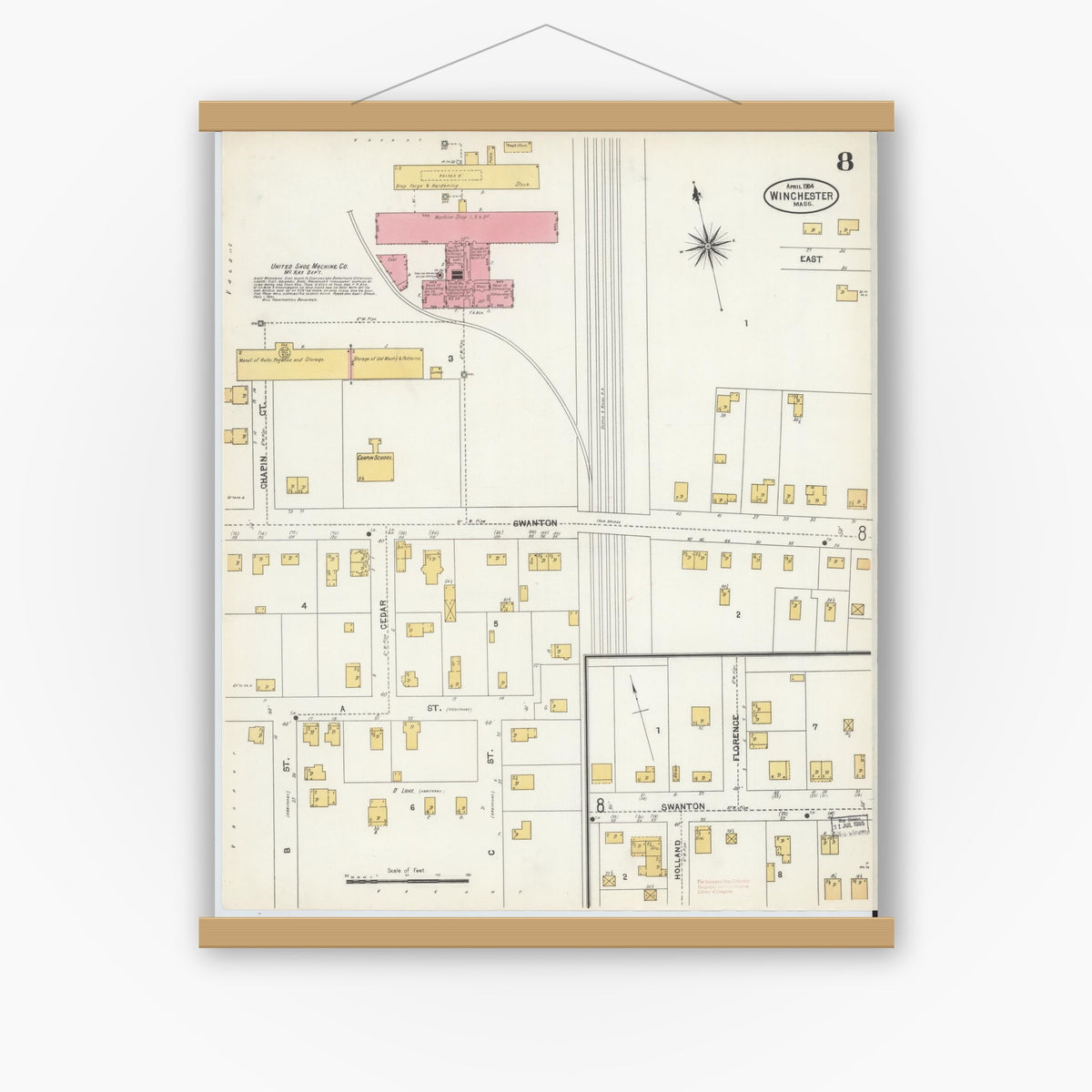 Old map wall art mockup — magnetic wood frame on white wall — Sanborn Fire Insurance Map from Winchester, Middlesex County, Massachusetts (1904), Sheet #0008
