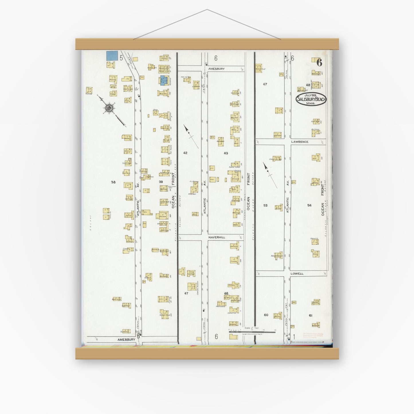 Old map wall art mockup — magnetic wood frame on white wall — Sanborn Fire Insurance Map from Salisbury, Essex County, Massachusetts (1919), Sheet #0006