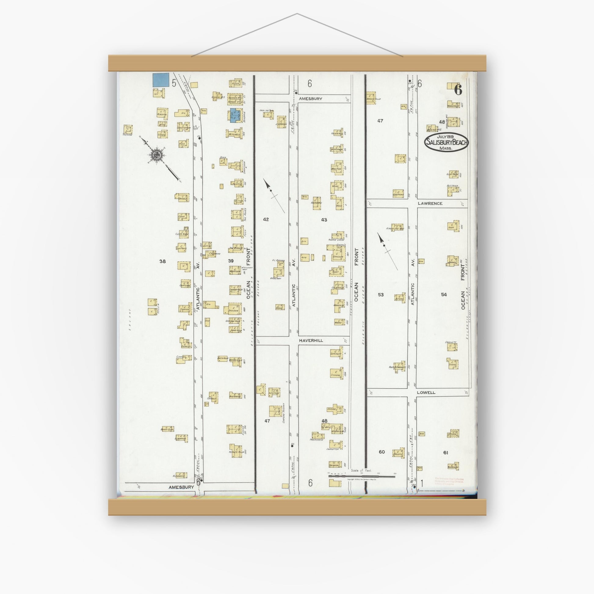 Old map wall art mockup — magnetic wood frame on white wall — Sanborn Fire Insurance Map from Salisbury, Essex County, Massachusetts (1919), Sheet #0006