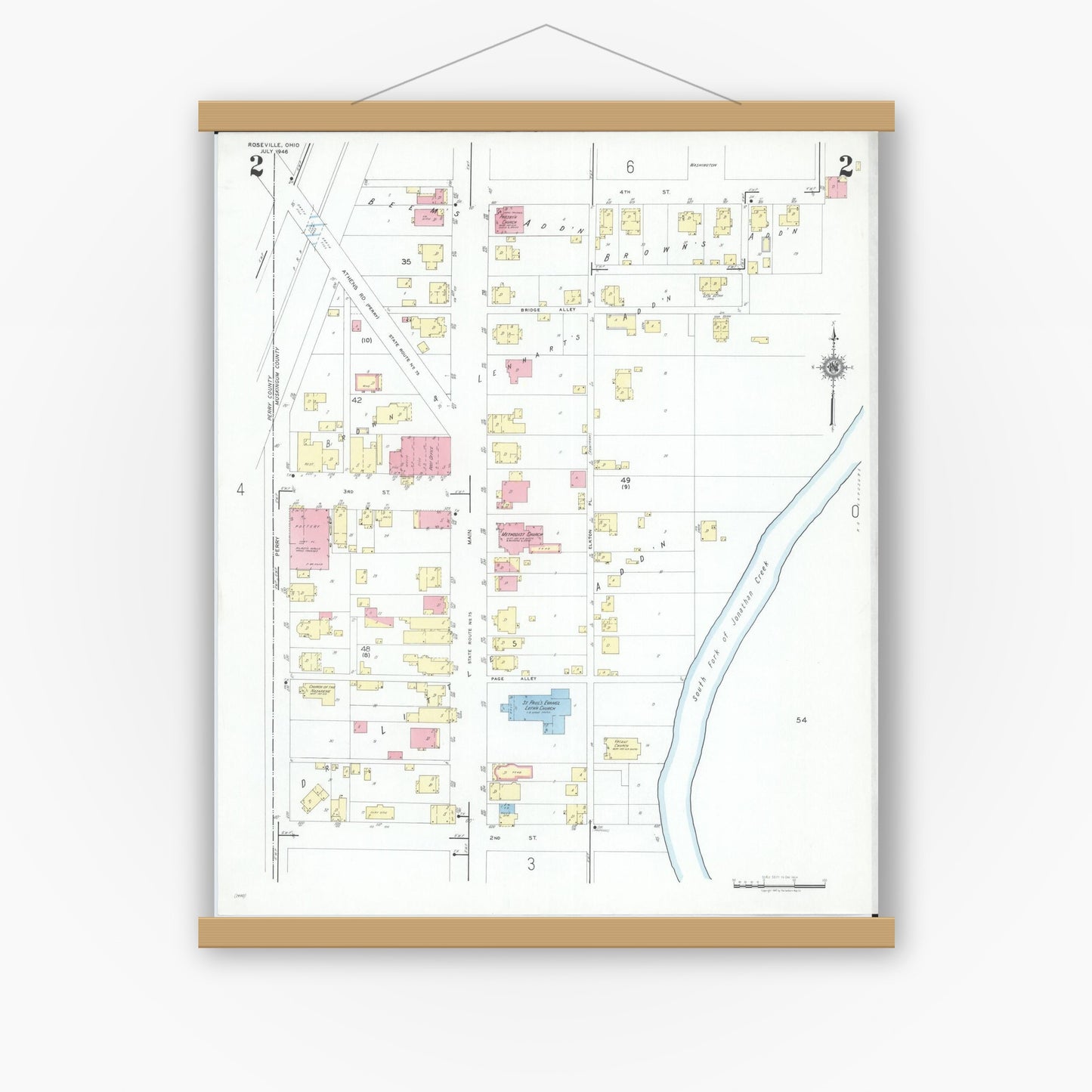 Old map wall art mockup — magnetic wood frame on white wall — Sanborn Fire Insurance Map from Roseville, Perry And Muskingum Counties, Ohio (1946), Sheet #0002