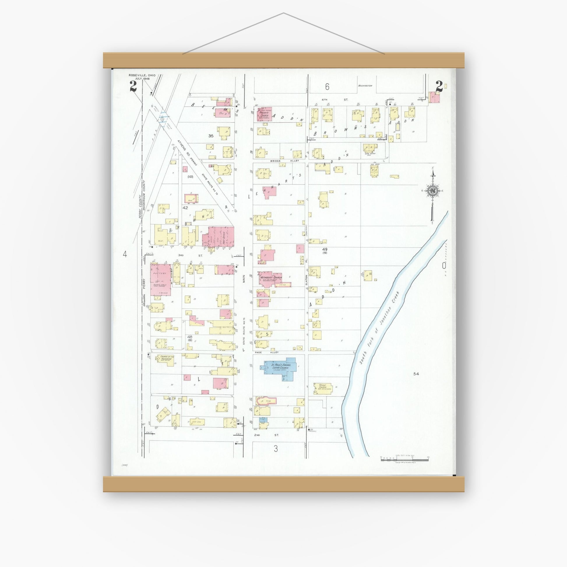 Old map wall art mockup — magnetic wood frame on white wall — Sanborn Fire Insurance Map from Roseville, Perry And Muskingum Counties, Ohio (1946), Sheet #0002