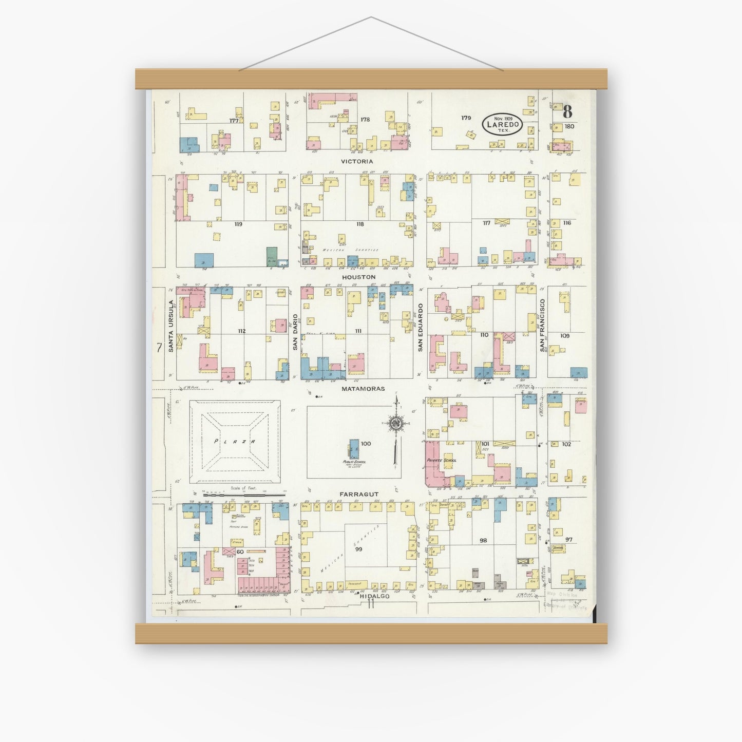 Old map wall art mockup — magnetic wood frame on white wall — Sanborn Fire Insurance Map from Laredo, Webb County, Texas (1909), Sheet #0008
