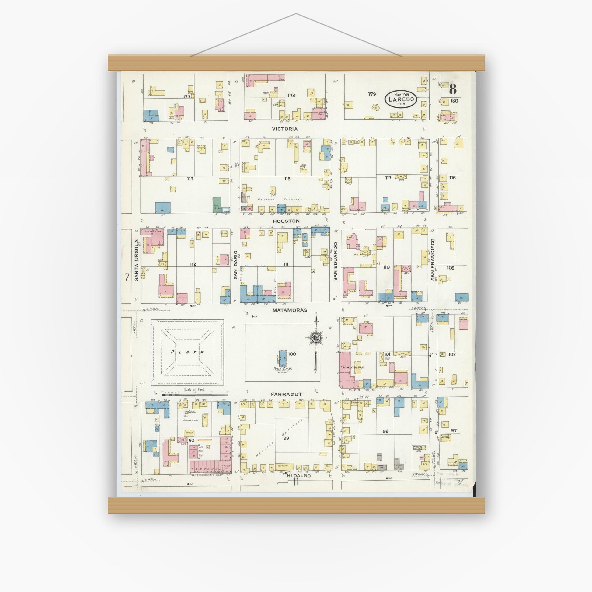 Old map wall art mockup — magnetic wood frame on white wall — Sanborn Fire Insurance Map from Laredo, Webb County, Texas (1909), Sheet #0008