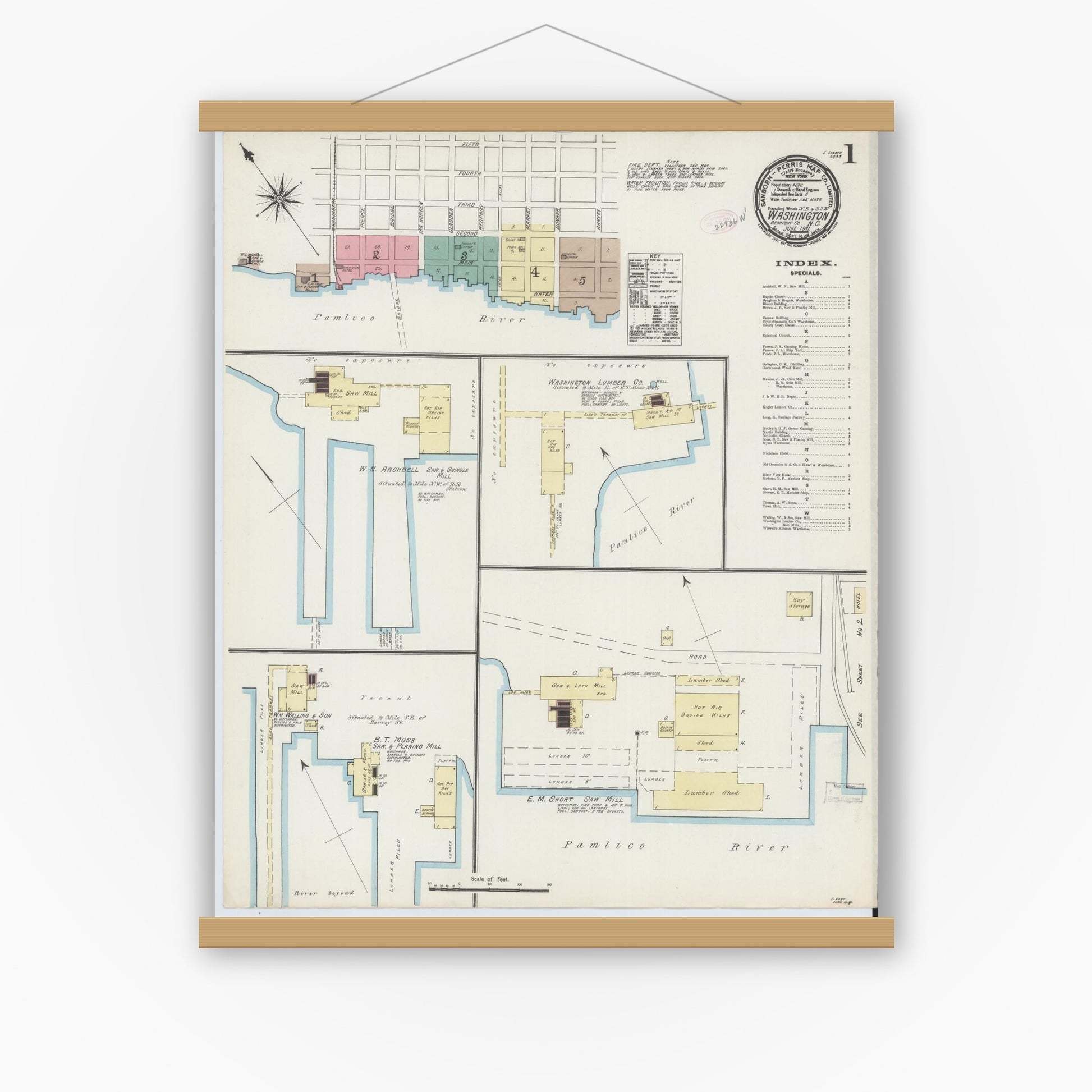 Old map wall art mockup — magnetic wood frame on white wall — Sanborn Fire Insurance Map from Washington, Beaufort County, North Carolina (1891), Sheet #0001