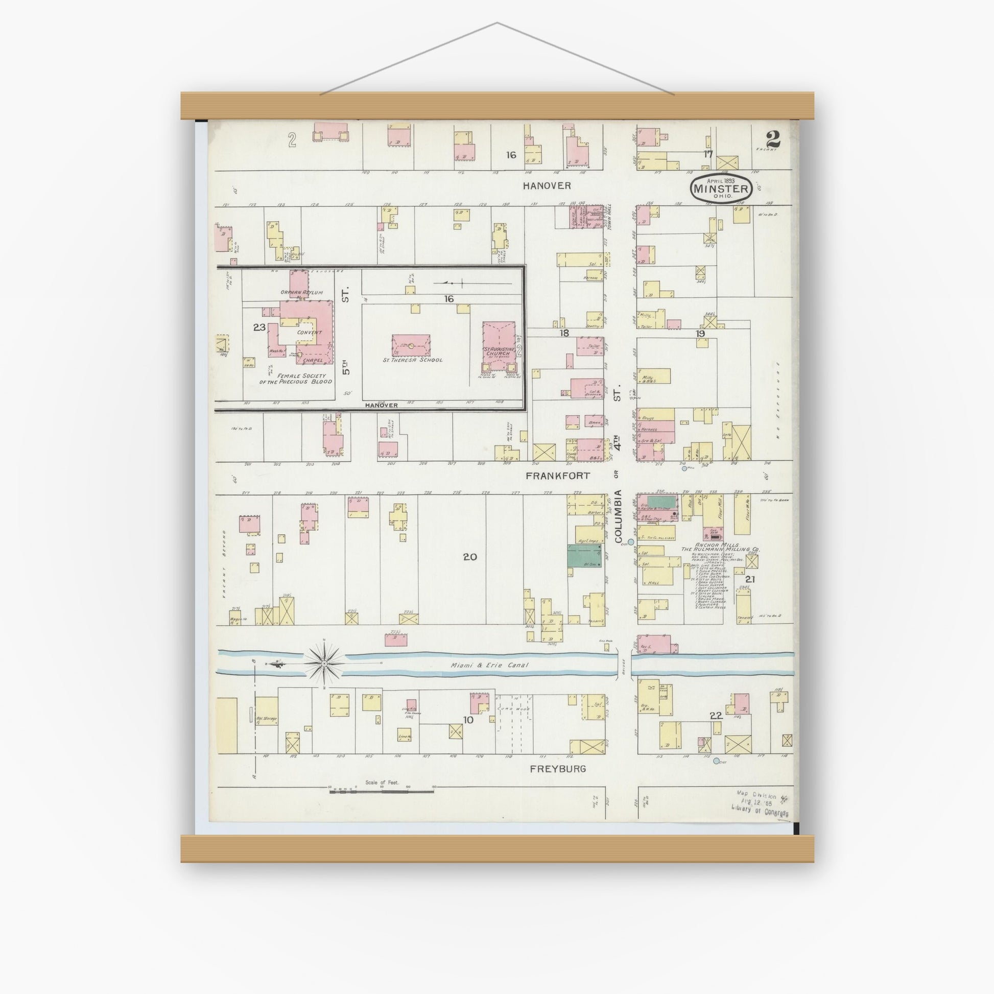 Old map wall art mockup — magnetic wood frame on white wall — Sanborn Fire Insurance Map from Minster, Auglaize County, Ohio (1893), Sheet #0002