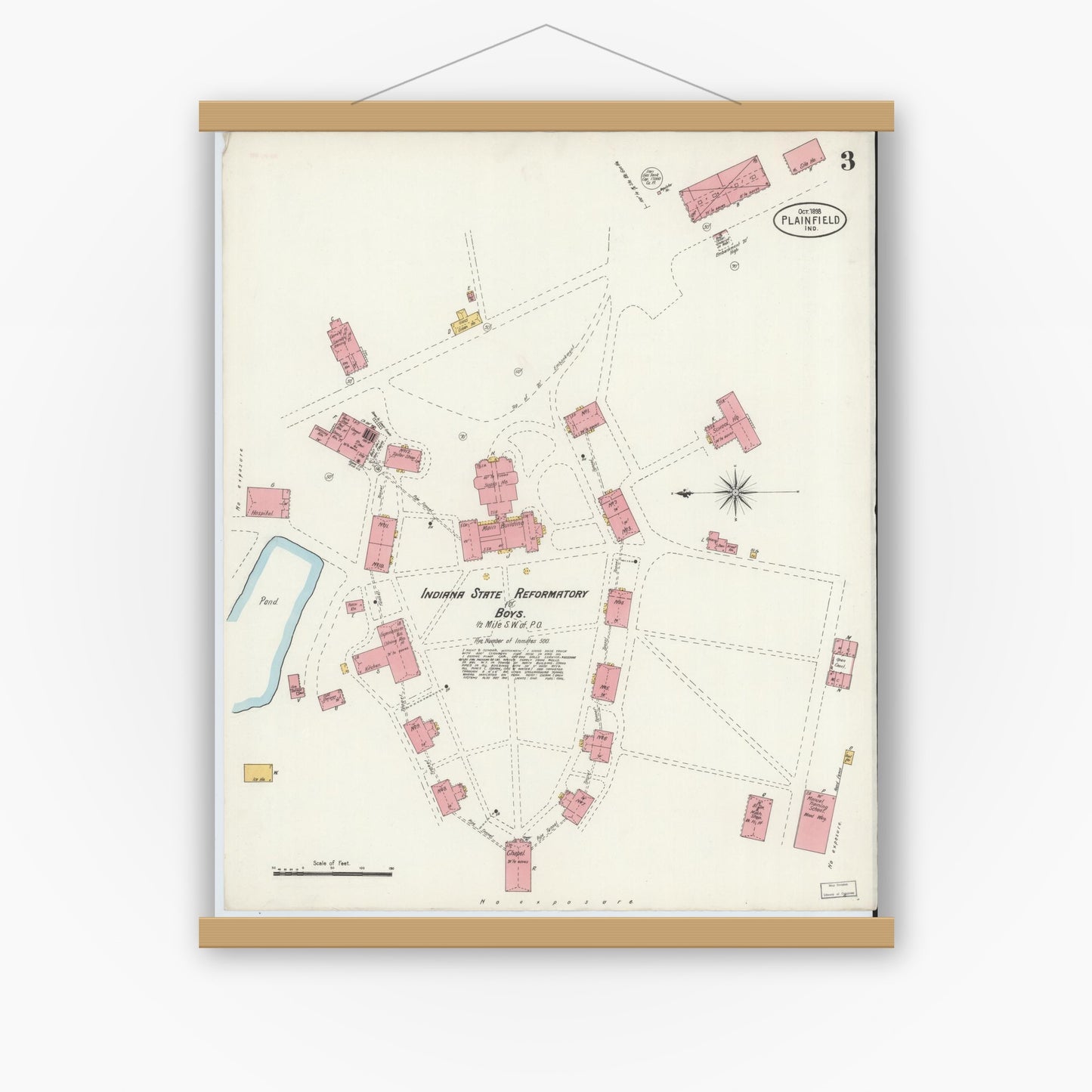 Old map wall art mockup — magnetic wood frame on white wall — Sanborn Fire Insurance Map from Plainfield, Hendricks County, Indiana (1898), Sheet #0003