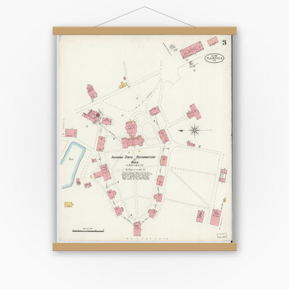 Old map wall art mockup — magnetic wood frame on white wall — Sanborn Fire Insurance Map from Plainfield, Hendricks County, Indiana (1898), Sheet #0003