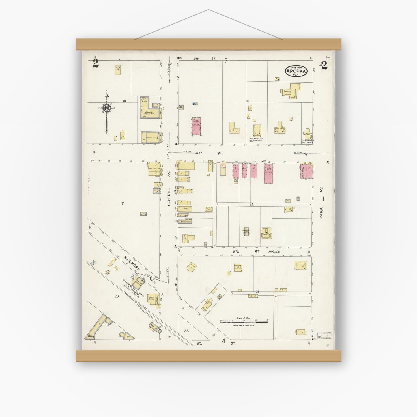 Old map wall art mockup — magnetic wood frame on white wall — Sanborn Fire Insurance Map from Apopka, Orange County, Florida (1924), Sheet #0002