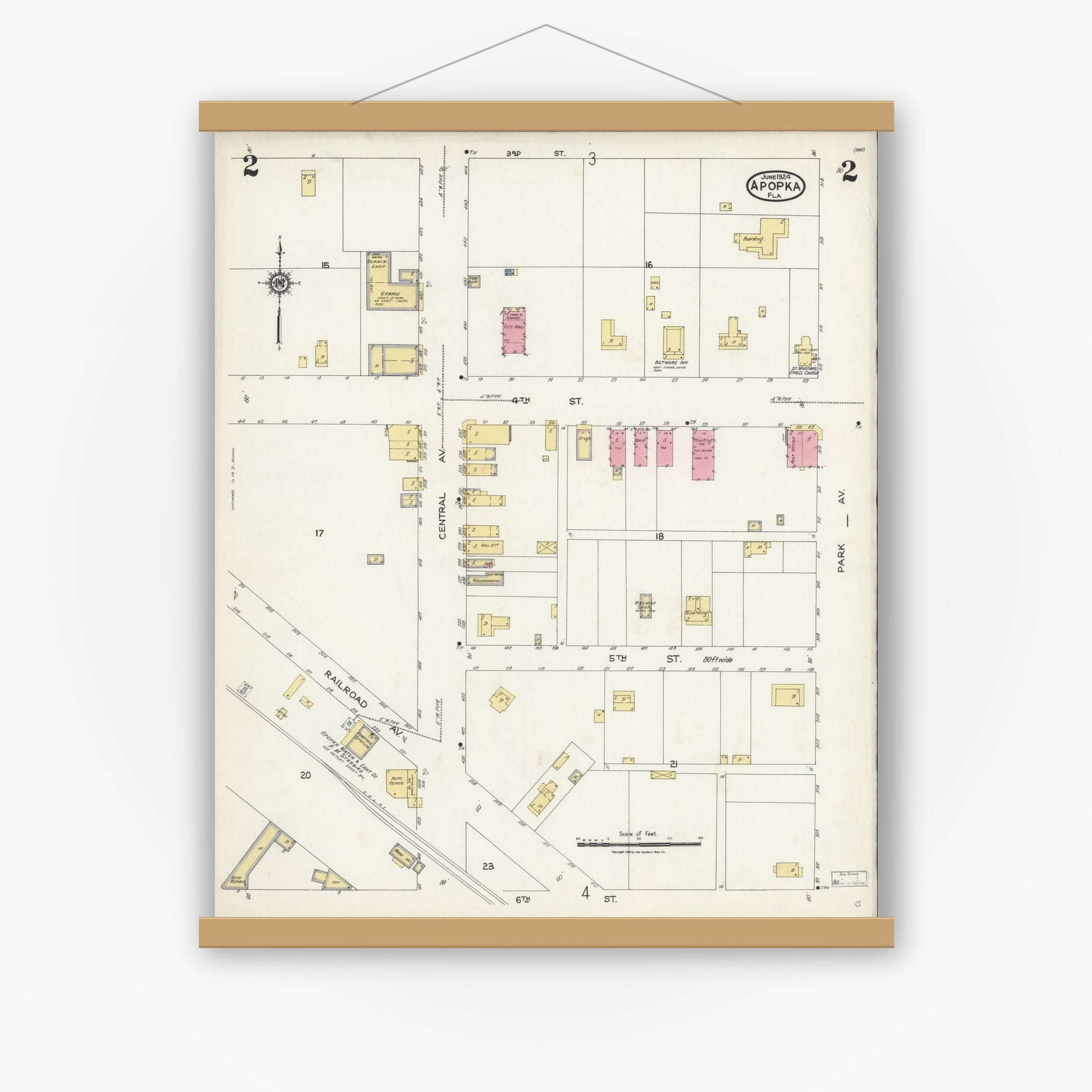 Old map wall art mockup — magnetic wood frame on white wall — Sanborn Fire Insurance Map from Apopka, Orange County, Florida (1924), Sheet #0002