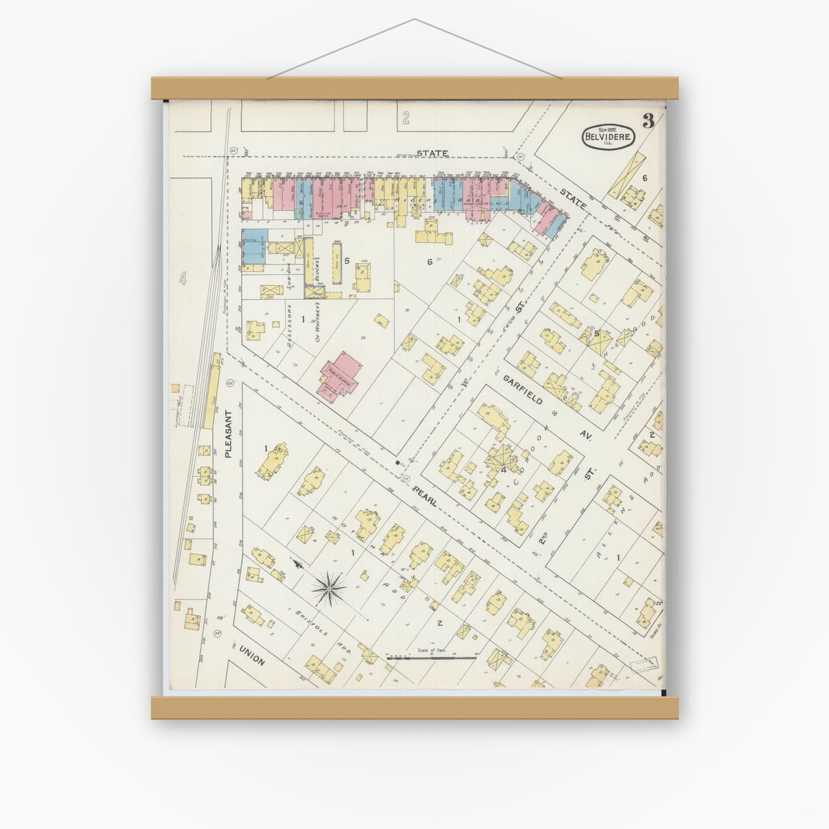 Old map wall art mockup — magnetic wood frame on white wall — Sanborn Fire Insurance Map from Belvidere, Boone County, Illinois (1892), Sheet #0003
