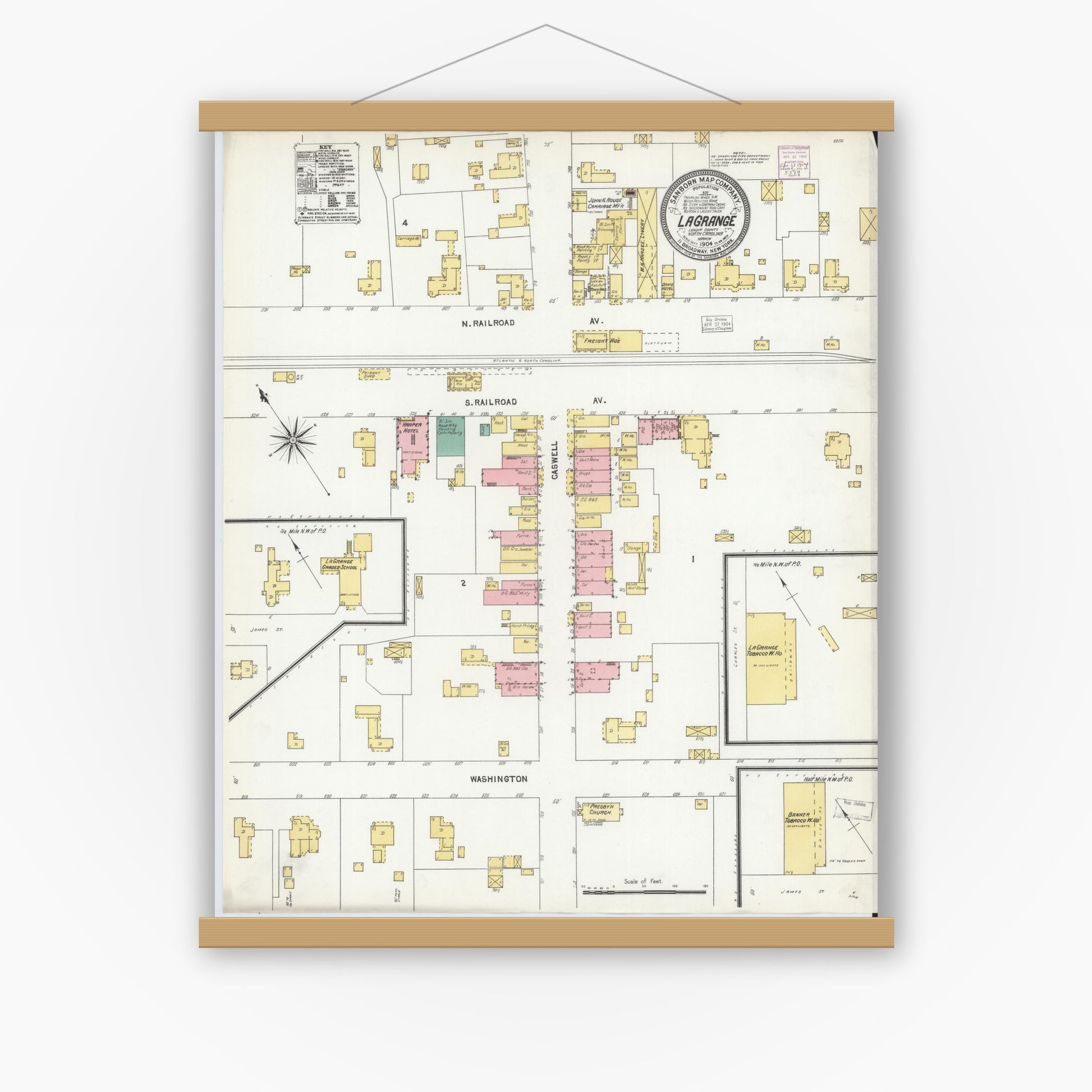 Old map wall art mockup — magnetic wood frame on white wall — Sanborn Fire Insurance Map from La Grange, Lenoir County, North Carolina (1904), Sheet #0001