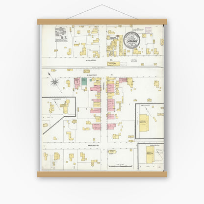 Old map wall art mockup — magnetic wood frame on white wall — Sanborn Fire Insurance Map from La Grange, Lenoir County, North Carolina (1904), Sheet #0001