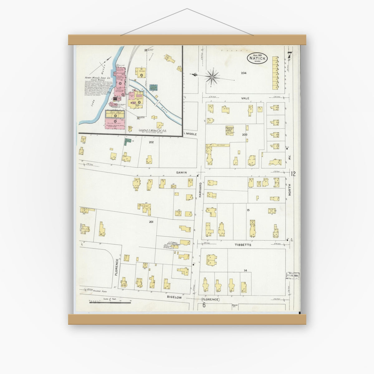 Old map wall art mockup — magnetic wood frame on white wall — Sanborn Fire Insurance Map from Natick, Middlesex County, Massachusetts (1909), Sheet #0007