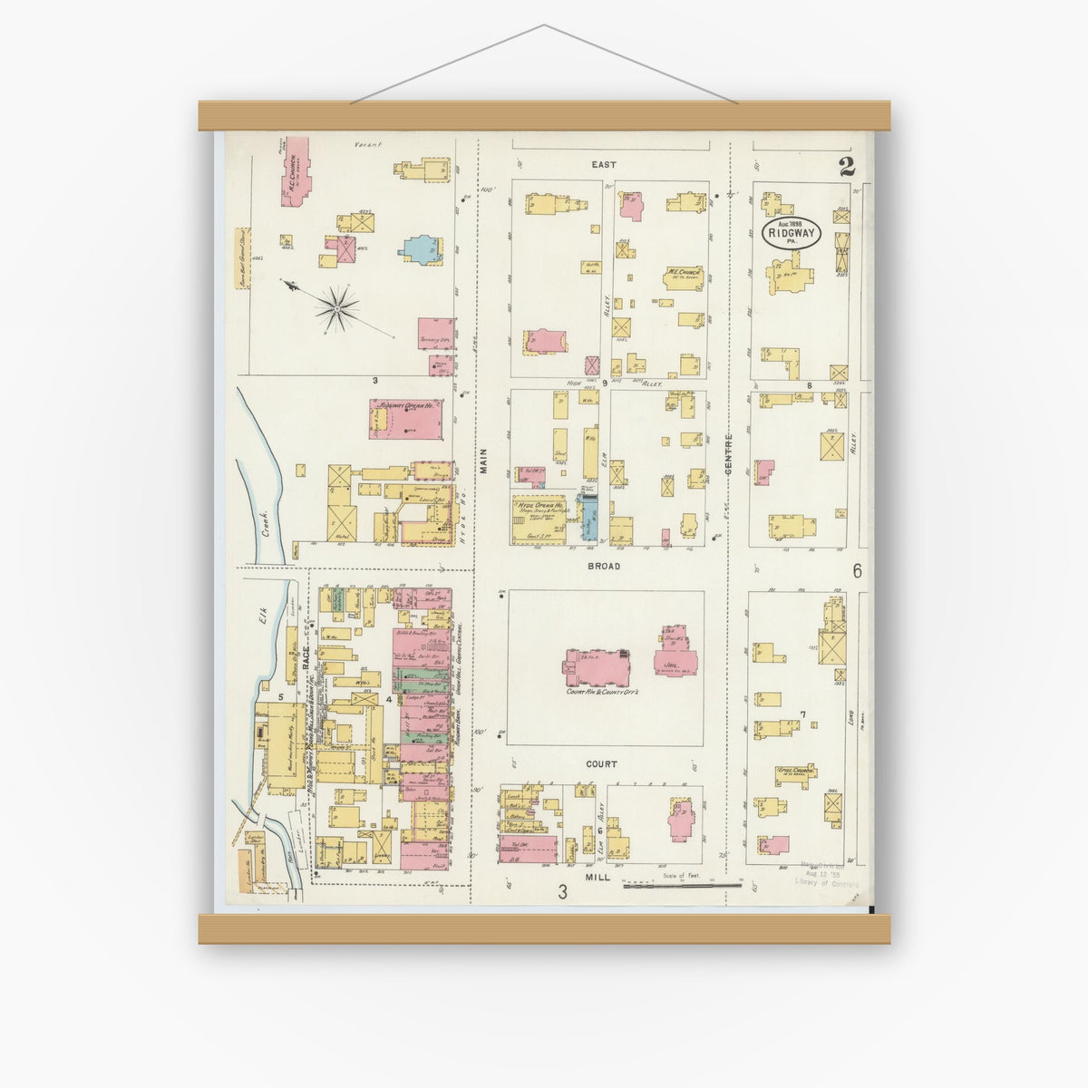 Old map wall art mockup — magnetic wood frame on white wall — Sanborn Fire Insurance Map from Ridgway, Elk County, Pennsylvania (1898), Sheet #0002