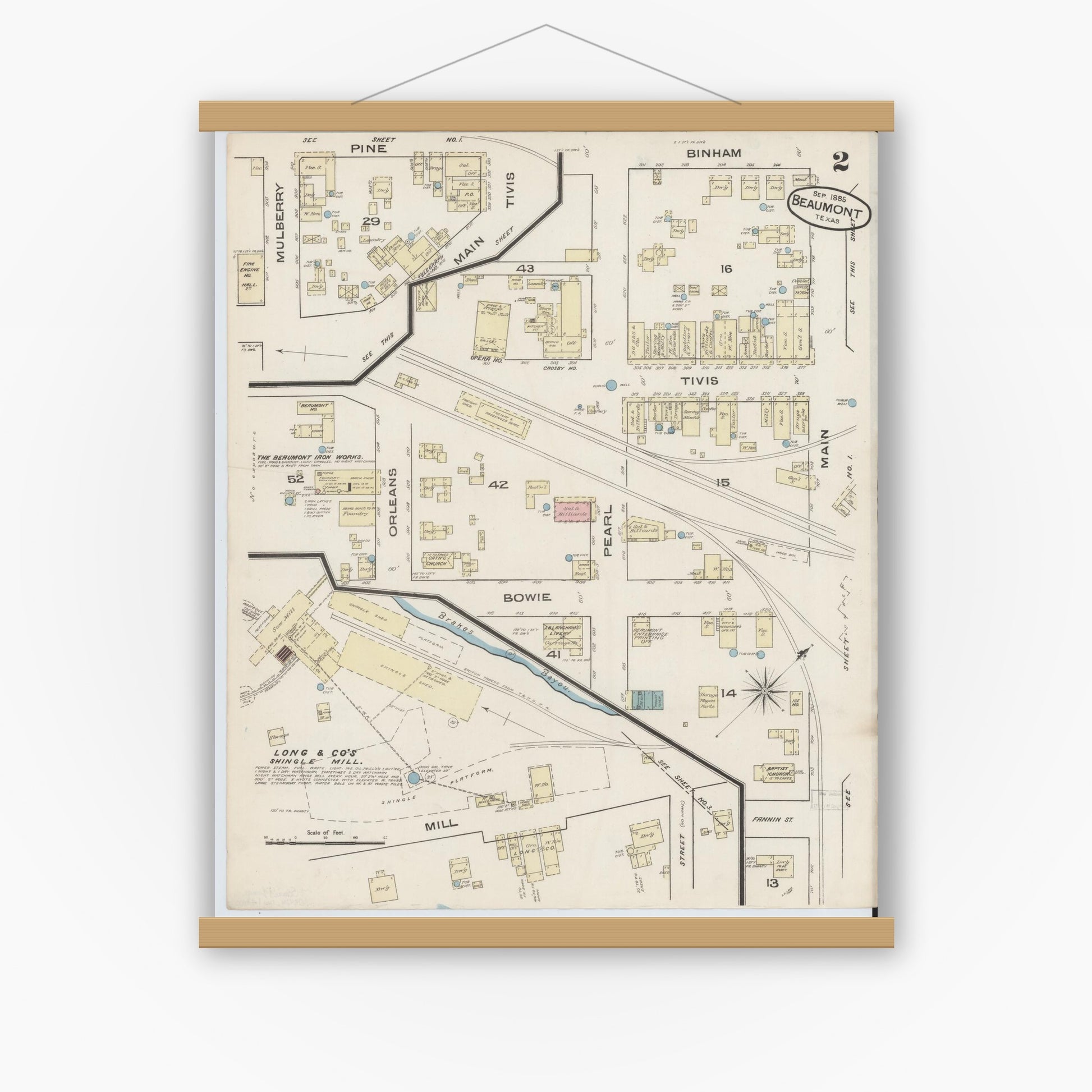 Old map wall art mockup — magnetic wood frame on white wall — Sanborn Fire Insurance Map from Beaumont, Jefferson County, Texas (1885), Sheet #0002