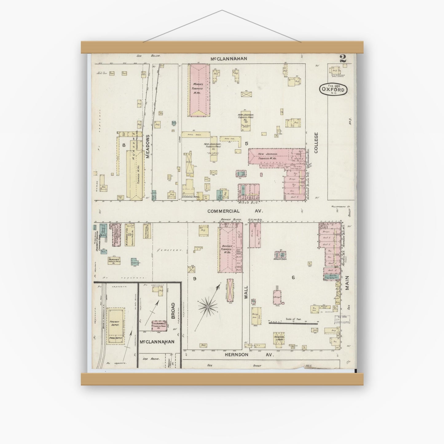 Old map wall art mockup — magnetic wood frame on white wall — Sanborn Fire Insurance Map from Oxford, Granville County, North Carolina (1888), Sheet #0002
