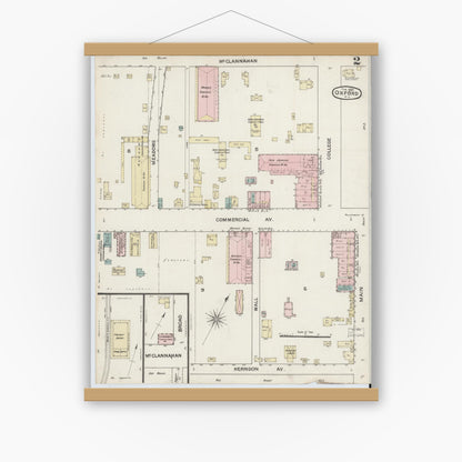 Old map wall art mockup — magnetic wood frame on white wall — Sanborn Fire Insurance Map from Oxford, Granville County, North Carolina (1888), Sheet #0002