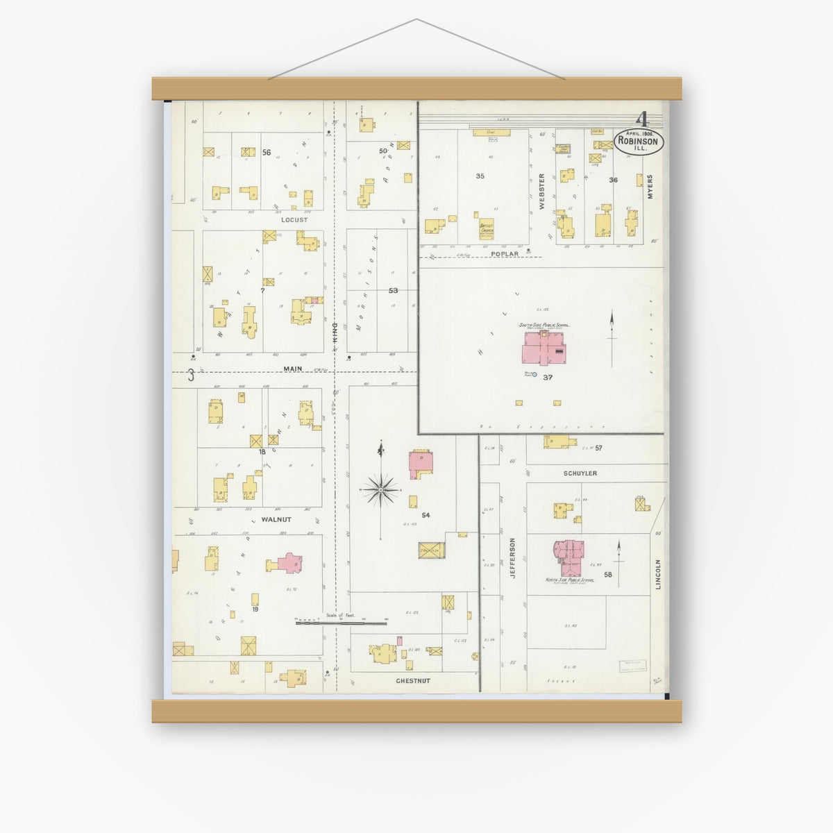 Old map wall art mockup — magnetic wood frame on white wall — Sanborn Fire Insurance Map from Robinson, Crawford County, Illinois (1906), Sheet #0004