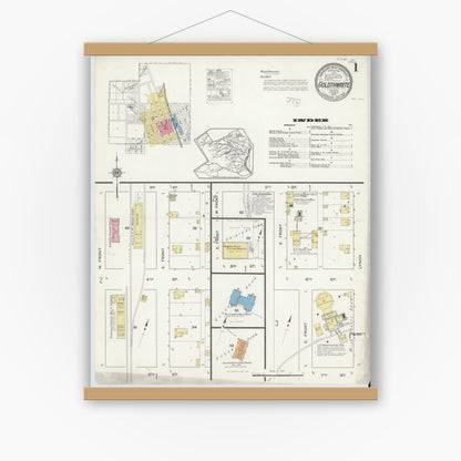 Old map wall art mockup — magnetic wood frame on white wall — Sanborn Fire Insurance Map from Goldthwaite, Mills County, Texas (1915) - Complete Map Set
