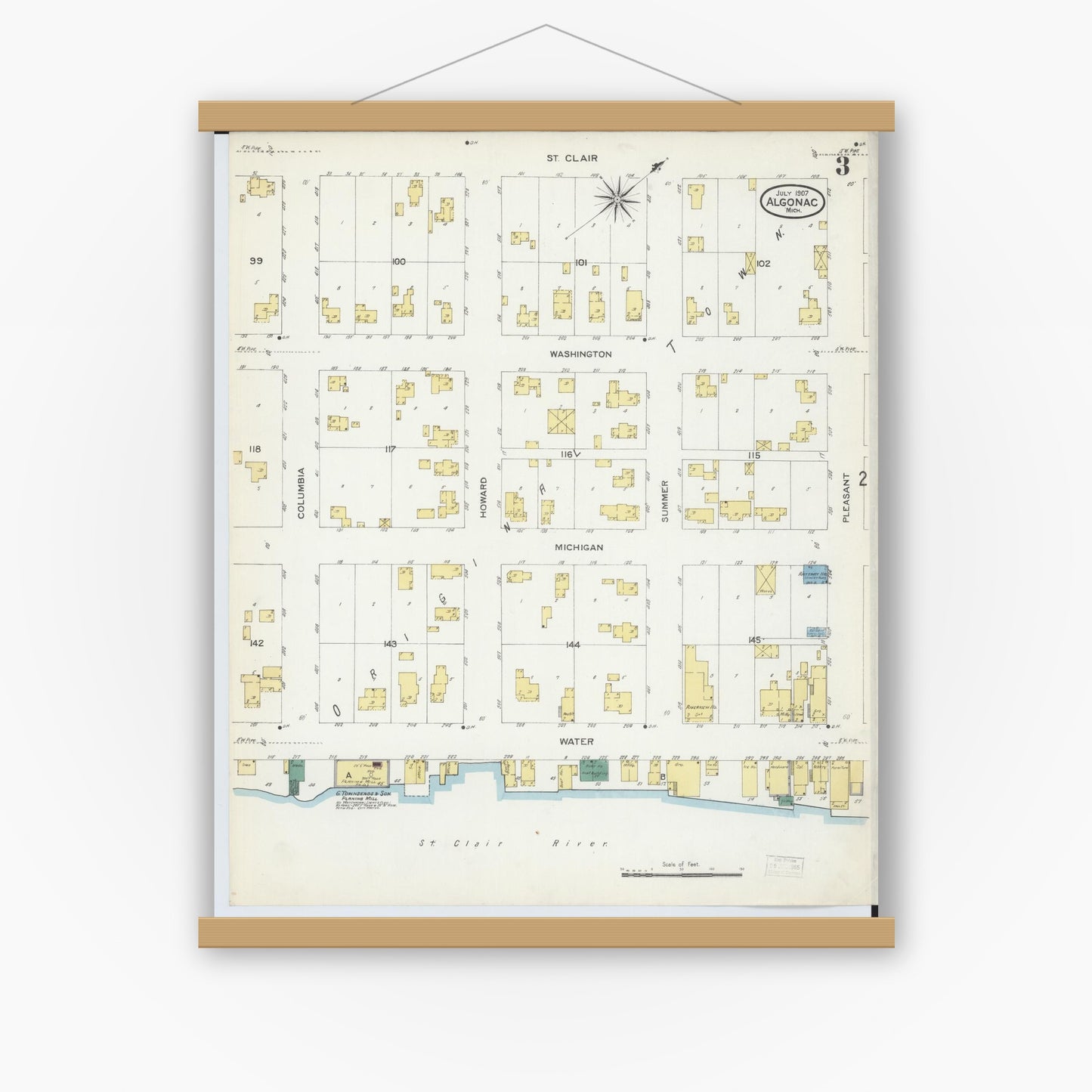 Old map wall art mockup — magnetic wood frame on white wall — Sanborn Fire Insurance Map from Algonac, Saint Clair County, Michigan (1907), Sheet #0003