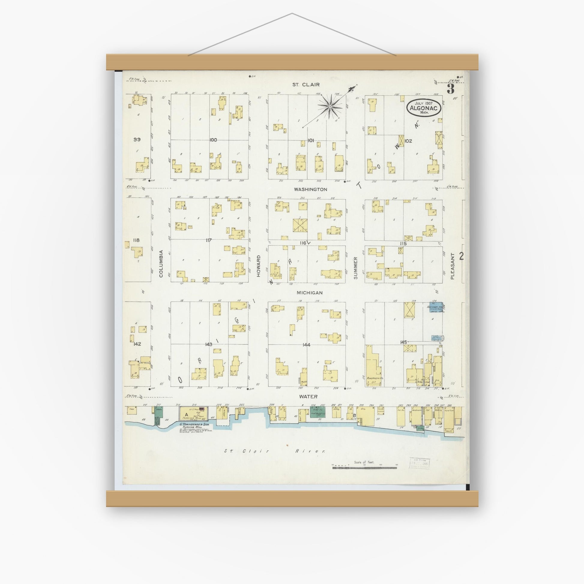 Old map wall art mockup — magnetic wood frame on white wall — Sanborn Fire Insurance Map from Algonac, Saint Clair County, Michigan (1907), Sheet #0003